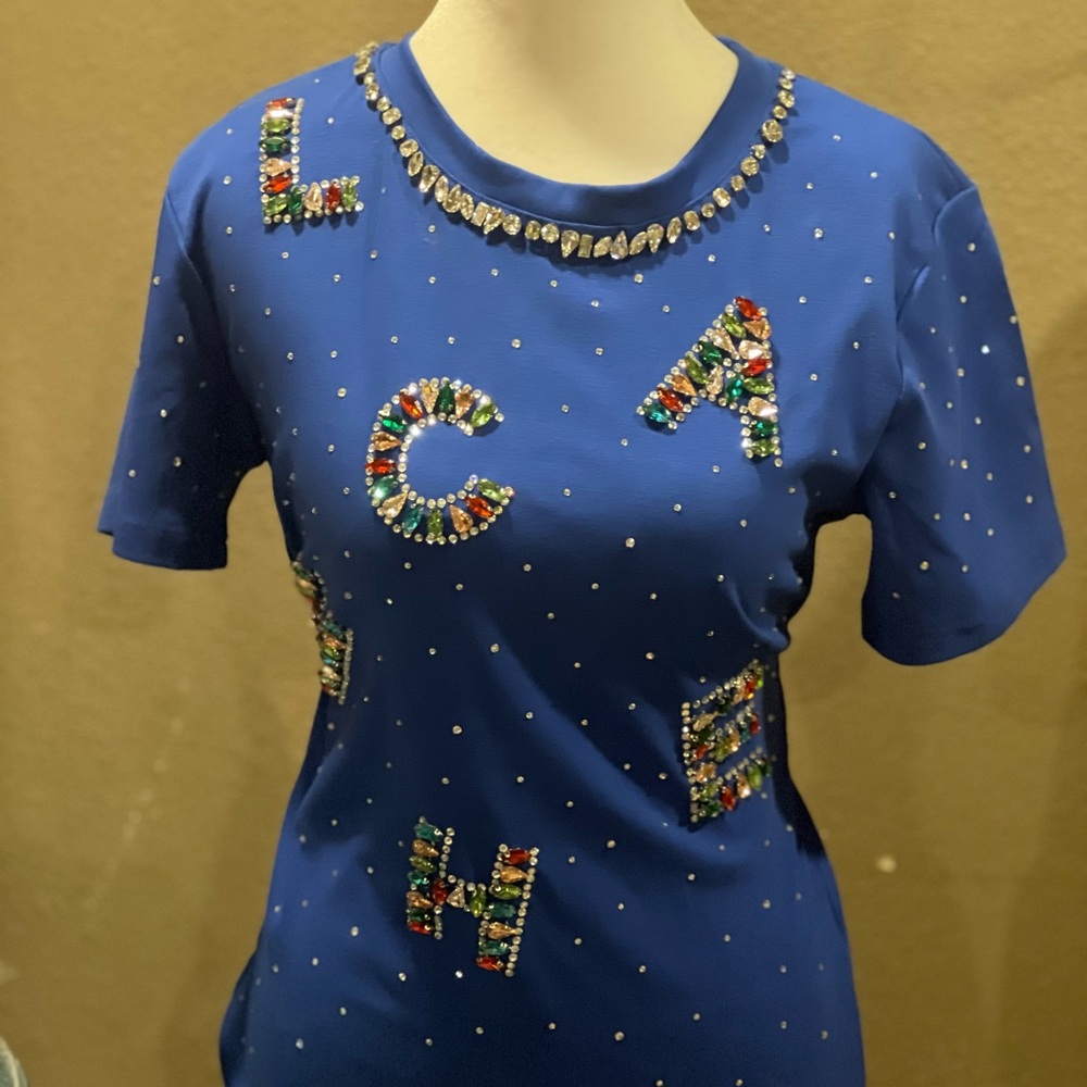 Blue Embellished Crew Neck Tee with Colorful Patterns